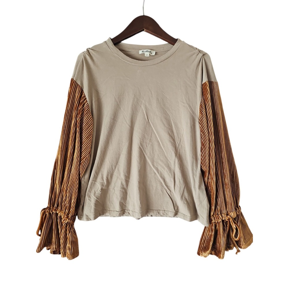 LISTICLE Women's Brown Gold Long Velvet Contrast Poet Sleeve Round Neck Top sz S